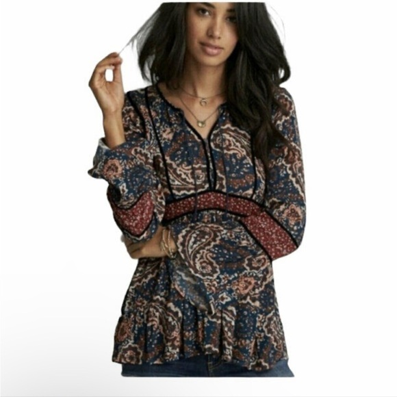 American Eagle Paisley Long Bell Sleeve Velvet Trim‎ Blouse Multicolor Size XS - Picture 3 of 9